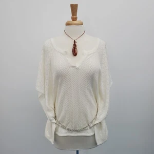 New York & Company White Open Knit Dolman Sleeve Chain Belt Blouse Top Size M - Picture 1 of 13