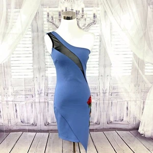 Gibiu Womens Bodycon Dress Size Small Blue One Shoulder Dress Rose Detail  - Picture 1 of 8