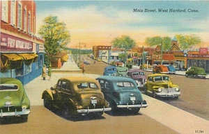 Tarjeta postal a color de autos West Hartford Connecticut Main Street de la década de 1930 25-1174 - Imagen 1 de 2