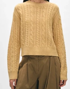 White + Warren Cashmere Cable Knit Cropped Sweater Crewneck Small Vintage Gold - Picture 1 of 8
