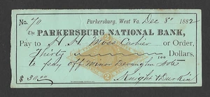 U.S. 1882 BANK CHECK, PARKERSBURG NATIONAL BANK, WEST VIRGINIA W/ REVENUE RN-G1 - Picture 1 of 1