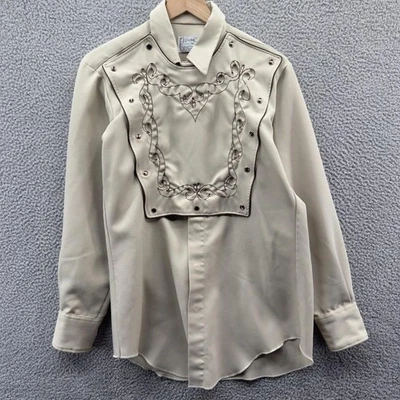 Vintage H Bar C Ranchwear Shirt Mens 15.5 Beige Western Bib Embroidered Snap 70s - Image 1 of 4