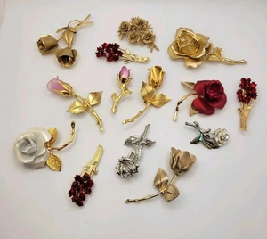 Vtg Mod Rose Brooches Lot 14 Flower Pins Signed Resell Crafts Valentines Day - Picture 1 of 9