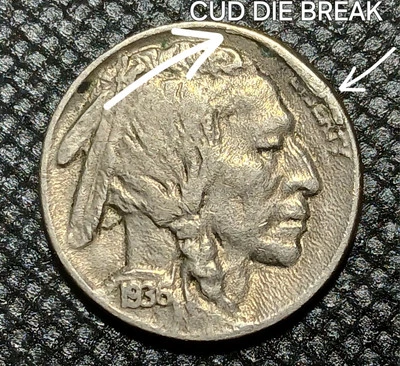 1936 Buffalo Nickel With An Obverse And Reverse Cud Die Break - Image 1 of 4