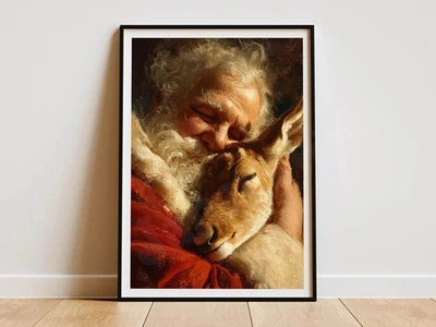Norman Rockwell Style Santa Claus Reindeer Christmas Poster Wall Decor, No Frame - Image 1 of 4