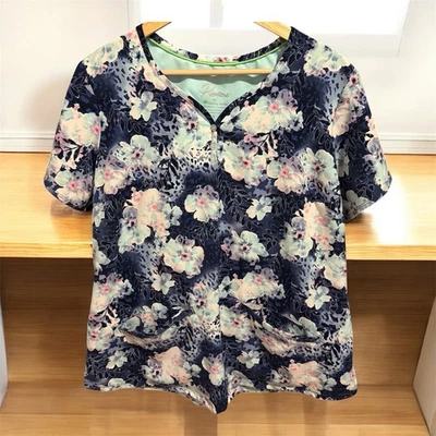 Premiere женские исцеляющие руки скраб верхний размер L цветочный принт V шеи кнопки - Изображение 1 из 4