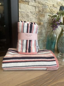 Kate Spade Coral Navy White Stripe One Bath Towel And 2 Hand Towels NWT - Picture 1 of 4