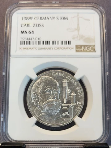 1988 GERMANY SILVER 10 MARK S10M CARL ZEISS NGC MS 64 NICE BU Cover