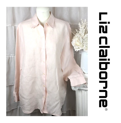 Liz Claiborne 腮红粉色 100% 爱尔兰亚麻长袖纽扣衬衫衬衫 L — 第 1/4 张图片