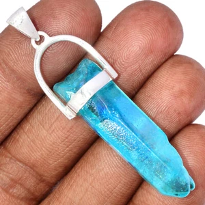 Treated Aqua Aura Quartz - USA 925 Sterling Silver Pendant Jewelry CP62388 - Picture 1 of 1