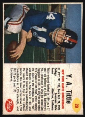 1962 Post Cereal #29 Y. A. Tittle VGEX SP NY Giants 572086 - Image 1 of 2