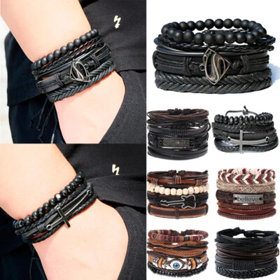 Pulseras de cuero multicapa ojo de la suerte para hombre mujer brazalete conjunto de joyas Foto 1 de 4