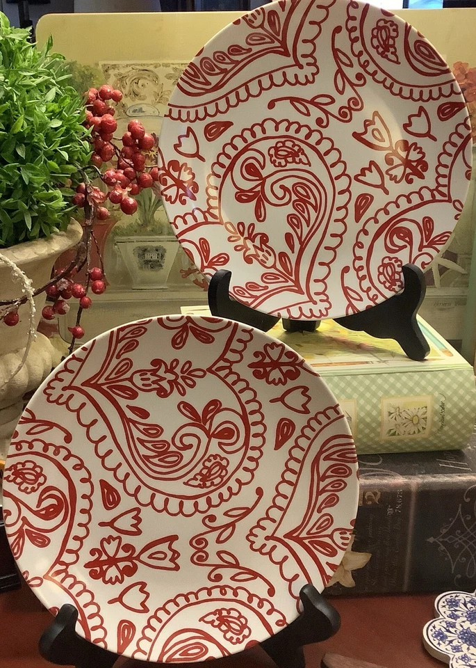 (2) RARE~Crate & Barrel~Red & White/8” Salad Plates~Porcelain~Excellent~❤️~  - Image 1 of 4