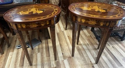 Pair Vintage ITALIAN Venetian Oval Inlaid Two Drawer Side Tables - Image 1 of 4