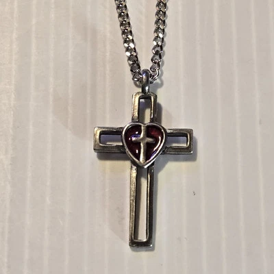 Berloque pingente de estanho CRUZ/CORAÇÃO VERMELHO/18"-24" COLAR CORRENTE DE MEIO-FIO INOXIDÁVEL - Imagem 1 de 4