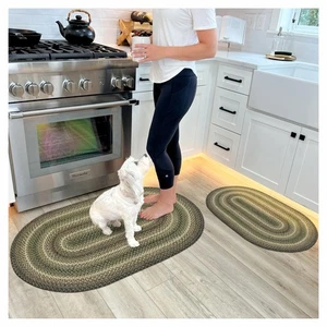 Pinecone Oval Braided Rug 20x30 - Rustic Green Braided Rug for Kitchen and En... - Picture 1 of 9