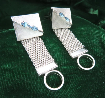 Abotoaduras vintage de malha de pedra azul-marinha tom prata - BLING! - Imagem 1 de 4