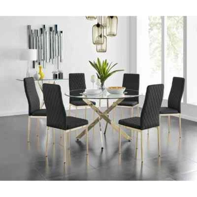 Mesa de comedor redonda Tierra de metal cromado y vidrio y sillas tapizadas de cuero sintético Foto 1 de 4