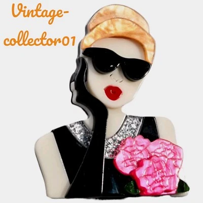 Modern Arcrylic Handmade BROOCH 3D Sexy Lady Sequin Dress Pink Corsage Boxed BN - Image 1 of 2