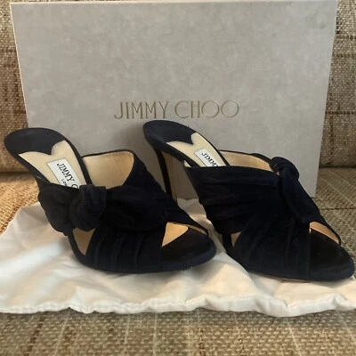 Sandalias de tacón Jimmy Choo color azul marino de gamuza con lazo deslizables Foto 1 de 4