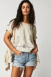 Free People Keeping It Folk Tee Floral Embroider Hi Lo Hem Fray Tan Combo S NEW - Picture 1 of 6