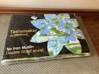 Tastemaker No-Iron Muslin Full Size Double Fitted Sheet 54x75 Floral 1970 NEW - Image 1 of 4