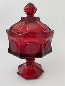 Vintage Fostoria Compote Glass Footed Ruby Red Coin Frosted Covered Wedding Bowl - Picture 1 of 12