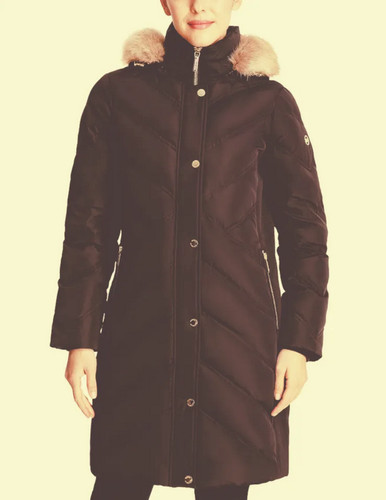 NUOVO CAPPOTTO TAMPONE TRAPUNTATO MICHAEL KORS $340 CIOCCOLATO FINITURA PELLICCIA SINTETICA TAGLIA M MEDIA