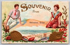 Galveston Texas~Vintage Bathing Beauty~Gentleman~Sea Shell Gold Embossed~c1910