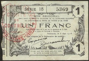 Bon de nécessité - Nord, Aisne & Oise 1 franc série 18 Fourmies 8-05-1916 - Picture 1 of 2