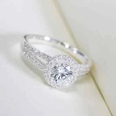 Simulated Diamond Women Wedding Halo Ring 14K White Gold Plated 2Ct Round Cut - Image 1 of 4