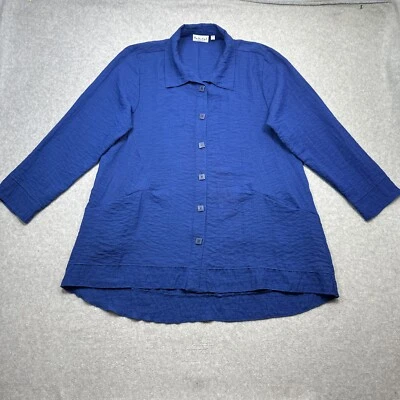 Habitat Button Front Top Large Blue Artsy Lagenlook Casual Travel Pockets - Image 1 of 4