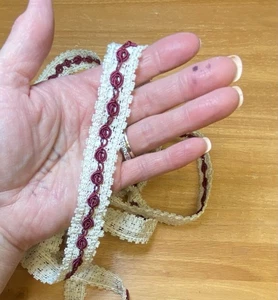 Burgundy Embroidered Design on Ivory Lace Trim Lot of 4 Yards 31", 3/4" wide - Picture 1 of 2