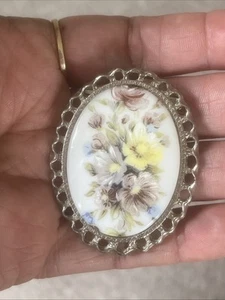 Hand painted flower pin 70’s vibe flower brooch vintage jewelry Retro Silver - Picture 1 of 3