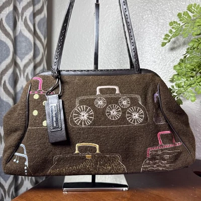 Antonio Melani Embroidered Wool & Leather Hand Shoulder Bag Purse Hinge Closure - Image 1 of 4