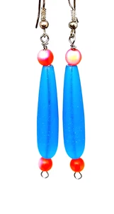 Earrings Artisan Frosted Colbalt Blue Glass Red Irridescent Beads Dangle Drop - Picture 1 of 14