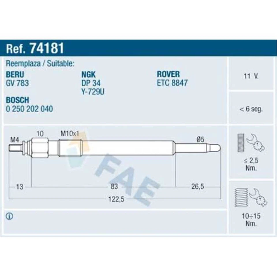 FAE Bujía Apto para Land Rover Defender Estación Vagón 2.5 Td5 - Imagen 1 de 1
