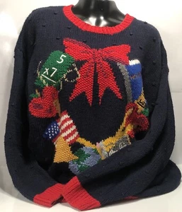 Design Options XL Christmas Medium Sweater Holiday Granny USA Navy Teacher 1990 - Picture 1 of 20
