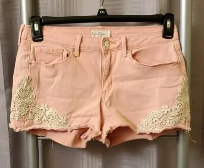 Jessica Simpson Cut Off Stretch Coral Denim Almond Lace Short Bottom Size 29 - Image 1 of 4