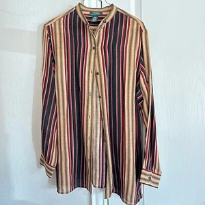 LRL Ralph Lauren Silk Linen Shirt Womens Large Preppy Stripe Roll Tab Sleeve - Picture 1 of 11