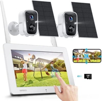 SANSCO 2k 4MP Solar Wireless Security Camera System 4CH 7'' Touchscreen Monitor 128GB