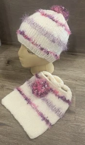 Handmade Girls Pink Purple Combo Pom Pom Knit Hat Purse Set 4-7 Years - Picture 1 of 12