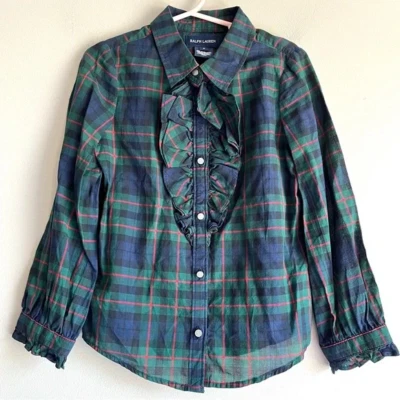 Ralph Lauren ruffle blouse girls 6 green tartan plaid button front holiday  - Image 1 of 4