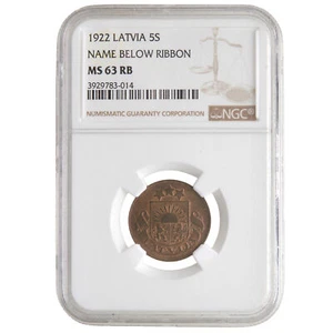 Coin in NGC slab "5 santimi 1922, Latvia, MS 63 RB" - Picture 1 of 2