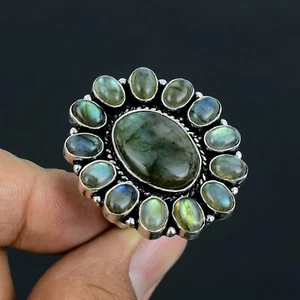 Natural Rainbow Labradorite Gemstone Handmade Flower Design Sterling Silver Ring - Picture 1 of 4