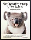 1989 Smiling Koala Bear photo Qantas Airlines to New Zealand vintage print ad