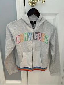 Converse Hoodie Girls Large 12-13 Heather Grey  Cropped Rainbow  Logo Sweatshirt - Picture 1 of 5