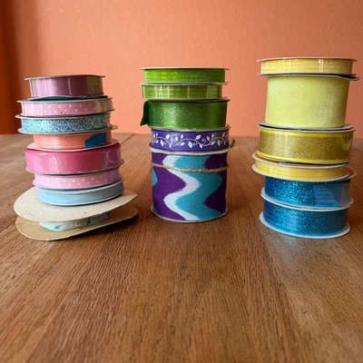 Spring Easter Pastels Pink Blue Purple Ribbon Lot 19 Spools All Sizes New & Used - Image 1 of 4