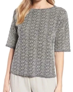 Eileen Fisher Organic Linen Scribble Lace Blouse Shirt Top Size L Lagenlook - Picture 1 of 11