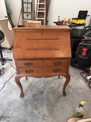 Antigua mesa secretaria enrollable de madera con 2 cajones, asas de latón, almacenamiento Foto 1 de 4